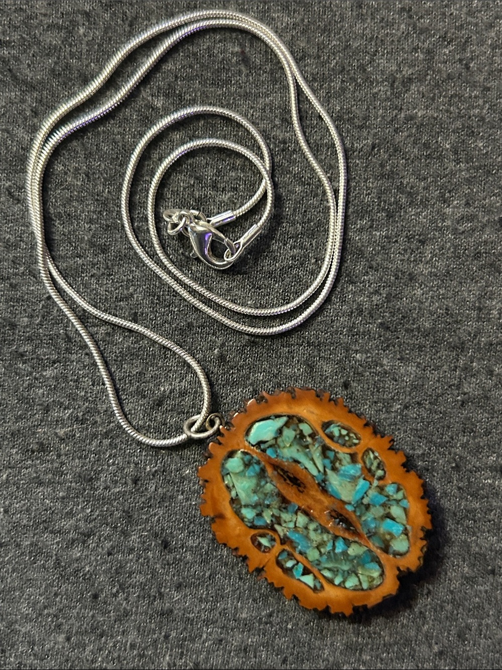 Vintage walnut with genuine turquoise inlay put onto a 925 chain